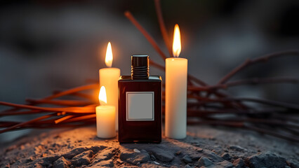 A dark amber perfume bottle sits among lit candles on a rough, rocky surface framed by a twig wreath. Warm candlelight creates a calm, intimate mood suitable for fragrance or ritual themes