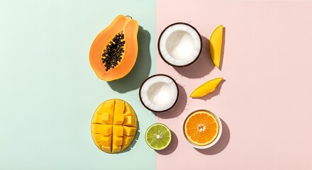 Vibrant tropical fruits including papaya, coconut, mango, orange, and lime arranged on a pastel split background.