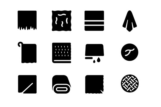 Towel Texture Icons. Towel textures. Solid icon set of Towel textures: frayed towel, wrinkled fabric, fold lines, hanging towel, loop, pile, damp icon, thread