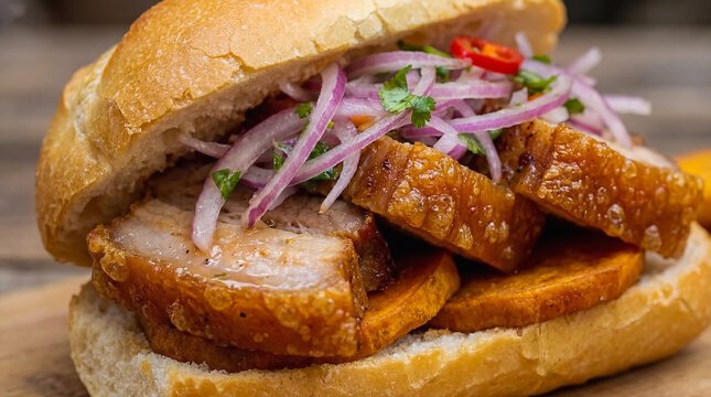 Close-up of Peruvian Pan con Chicharr&oacute;n (bread with crispy golden pork belly) fried sweet potato, and red onion. A traditional food, sandwich from Lima, Peru