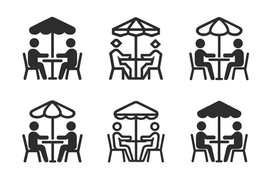 Urban Meetup Icon Set. Casual meetups and socializing in urban settings. Icon set. Set Logo of casual meetups and socializing in urban settings: street cafe.