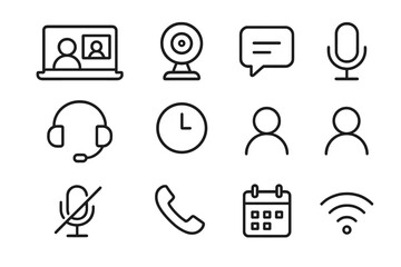 Fototapeta premium Video Meeting Icons. Video Meetings. Line icon set of Video Meetings: laptop screen, webcam, chat bubble, microphone, headset, clock, people icons, mute