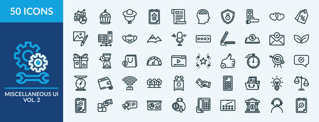 Miscellaneous UI vol. 2 icon set. Containing love, percent, image, server, mask and more. Outline vector icons collection