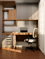 Empty desk with laptop and paperwork at home