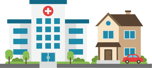 Naklejka premium Vector illustration of a hospital building and a residential house with a car.