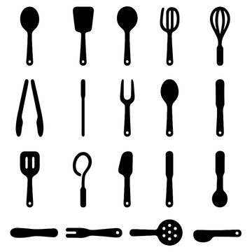 Kitchen Utensil Set: A comprehensive collection of essential kitchen utensils, ready for culinary creations. Each silhouette represents a tool perfect for any cooking task.