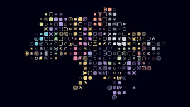 Ukraine animated country shape. Pulsating colored dots on the map of the country. Large size rounded square blocks. Digital style Ukraine map on dark background. Vibrant animation video.