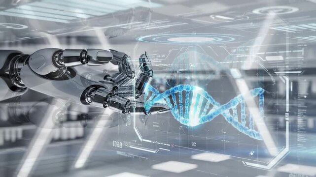 Metallic robot arm reaches for a glowing DNA strand in a futuristic digital interface - Powered by Adobe
