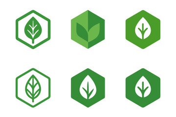 Eco Badge Variations. Green label design with eco vibes trend. Icon set. Set Logo of green label design with eco vibes trend: hexagonal eco badge with leaf