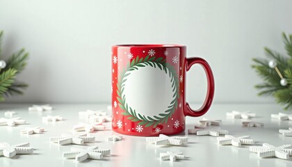 Red Christmas mug with wreath design surrounded by snowflakes