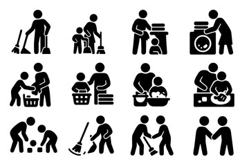 Family Chore Icons. Parents helping child with chores. Solid icon set of Parents helping child with chores: parent figure, child figure, broom, dustpan, mop,