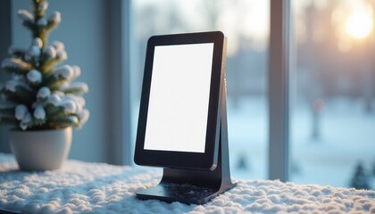 Tablet computer with blank screen on snowy windowsill in winter  