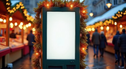 Empty signboard decorated with lights at a festive market scene  