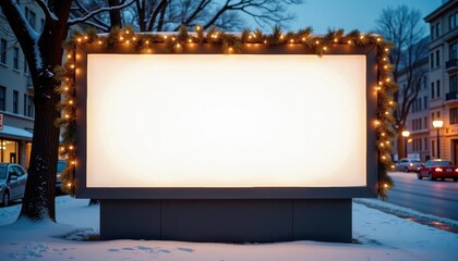 Empty billboard decorated with lights in winter urban setting  