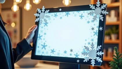 Person holding digital display with snowflake decorations indoors  