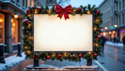 Festive blank billboard decorated with Christmas garland and bow  