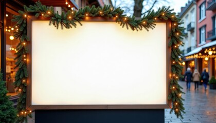 Blank advertising board adorned with greenery and lights in street  