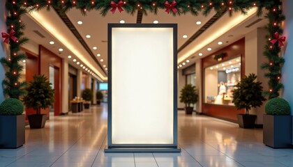 Empty billboard with festive decorations in shopping mall corridor  