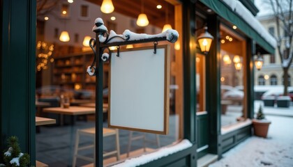 Cozy cafe entrance with blank sign and snow-covered surroundings  