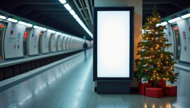 Christmas tree with decorations beside blank billboard in subway station  