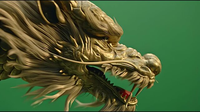 Majestic Traditional Chinese Dragon Head on Green Screen Background.