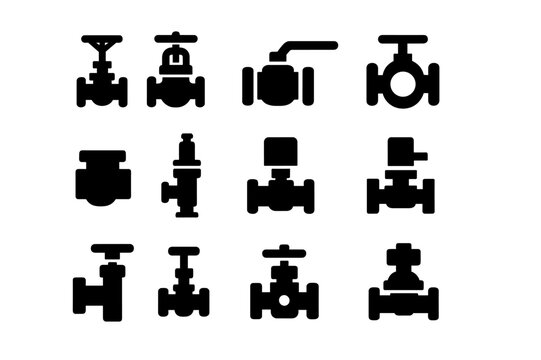 Industrial Valve Icons. Industrial valves. Solid icon set of Industrial valves: gate valve, globe valve, ball valve, butterfly valve, check valve, pressure