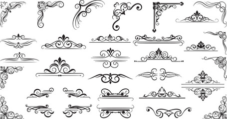 Elegant vintage ornamental flourishes and decorative corner dividers in intricate swirl line art for classic framing and refined design accents