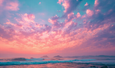 Obraz premium Bright clouds in vivid tones stretch across the sky at sunset, casting reflections on the ocean surface. The dramatic light creates a striking natural scene.