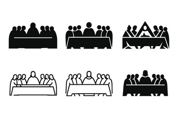 Last Supper Icons. Last Supper. Icon set. Set Logo of Last Supper: silhouetted apostles around table. harmonious logo variations of the same emblematic