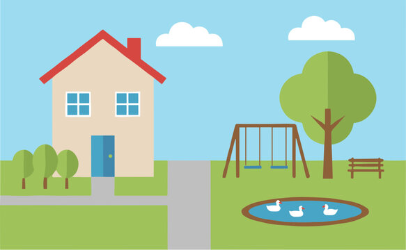 Simple flat vector illustration of a suburban house with a park.
