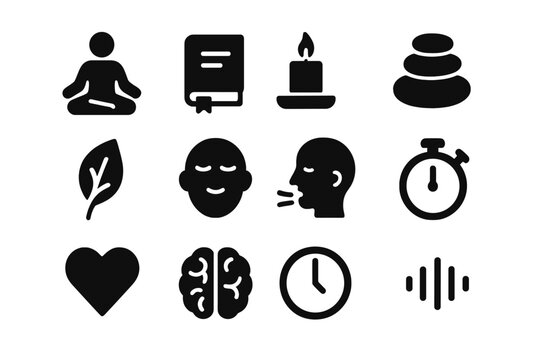 Mindfulness Icons Collection. Mindfulness practice. Solid icon set of Mindfulness practice: meditation pose, journal, candle, zen stones, nature leaf, calm