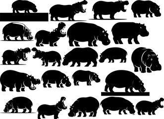 African Large Mammal Hippopotamus River Horse Silhouette Black Vector Illustration