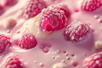 Close-up of fresh raspberries submerged in creamy pink liquid, highlighting texture, freshness, and vibrant color.