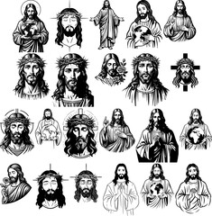 Set of Jesus christ vector art illustration in various style line art drawing