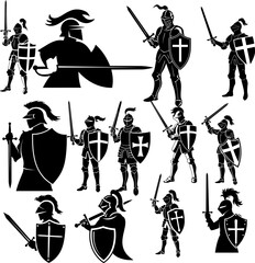 Armor knight silhouette with sword and shield vector illustration various style