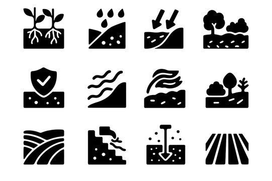 Erosion Control Icons. Erosion control. Solid icon set of Erosion control: cover crop roots, rain droplets, slope arrows, mulch layer, soil protection icon,
