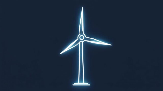 Minimalist 2D line-art windmill icon with glowing outline, rotating on a dark background.