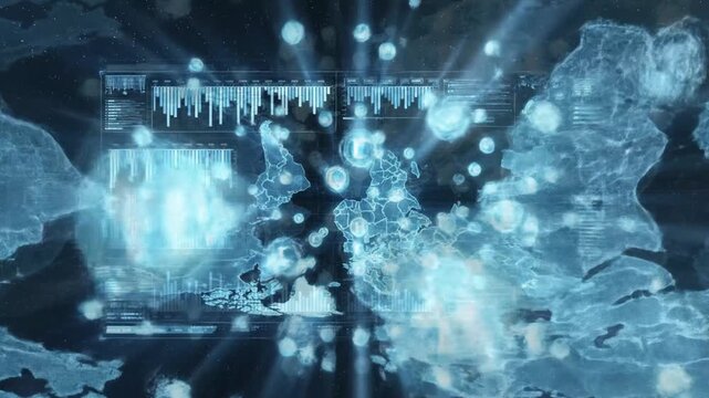 Abstract digital interface with global data visualization and interactive displays against a starry background - Powered by Adobe