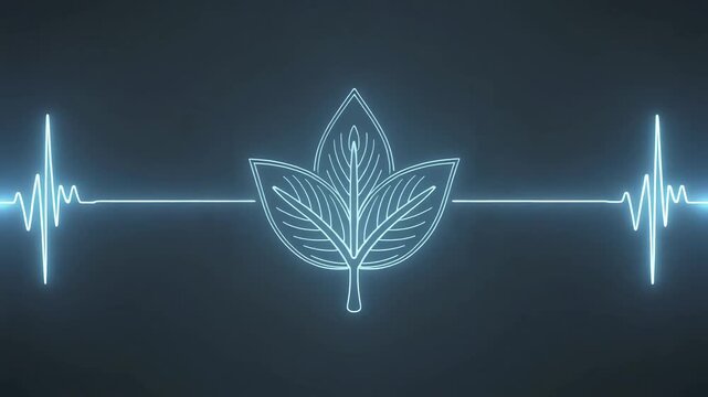 Minimalist 2D line-art leaf icon animated with a glowing pulse or heart rate monitor rhythm.