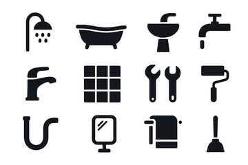 Bathroom Renovation Icons. Bathroom renovation. Solid icon set of bathroom renovation: shower, bathtub, sink, faucet, tile, wrench, paint roller, pipe,