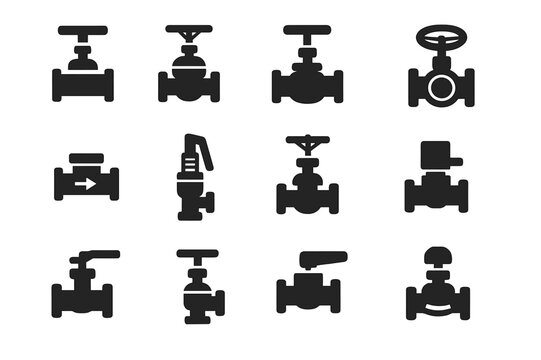 Industrial Valve Icons. Industrial valves. Solid icon set of Industrial valves: gate valve, globe valve, ball valve, butterfly valve, check valve, pressure