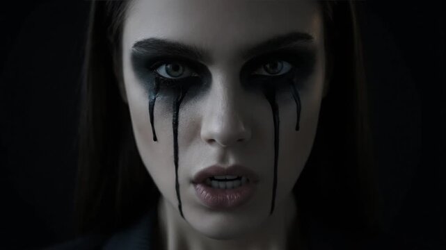 Close-Up of a Vampire Woman Crying Black Tears Before Revealing Her Fangs