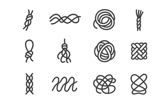 Tangled Rope Icons. Tangled ropes. Line icon set of tangled ropes: knotted rope, twisted cord, coiled rope, frayed end, looped knot, braided strand, hanging