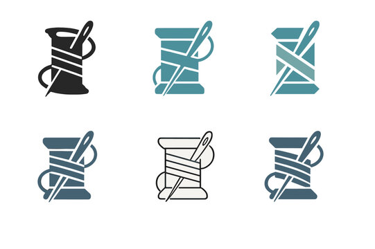 Stitch Logo Variations. Stitch. Icon set. Set Logo of stitch: thread spool and needle. harmonious logo variations of the same emblematic concept, each with