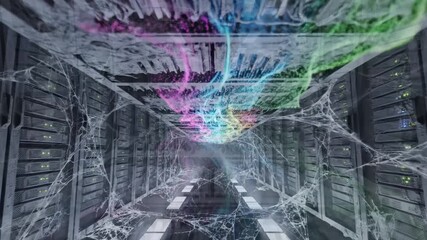Server room with abstract colorful overlays and spiderwebs, creating a surreal digital world - Powered by Adobe