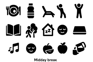 Midday Break Icons. Midday break. Solid icon set of Midday break: lunch plate, water bottle, rest chair, light stretch, open book, nature walk, quiet room,