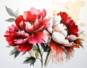 紅白の花の絵画、お祝いの花、思いを伝えるプレゼント