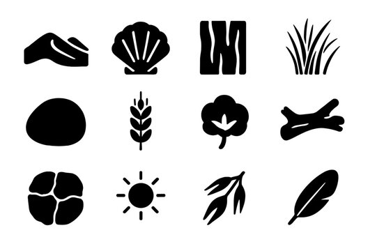 Natural Tones Icons Set. Natural tones. Solid icon set of Natural tones: sand dune, seashell, tree bark, dry grass, soft stone, wheat field, cotton plant,