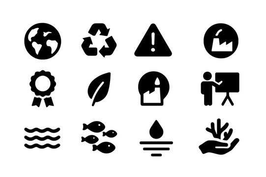 Environmental Icon Collection. Environmental awareness. Solid icon set of Environmental awareness: earth icon, recycle symbol, warning sign, no dumping icon,