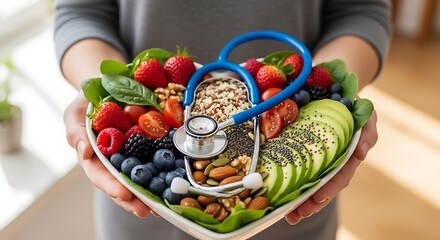 Nourishing heart health with a vibrant superfood bowl and stethoscope symbolizing medical care and wellness